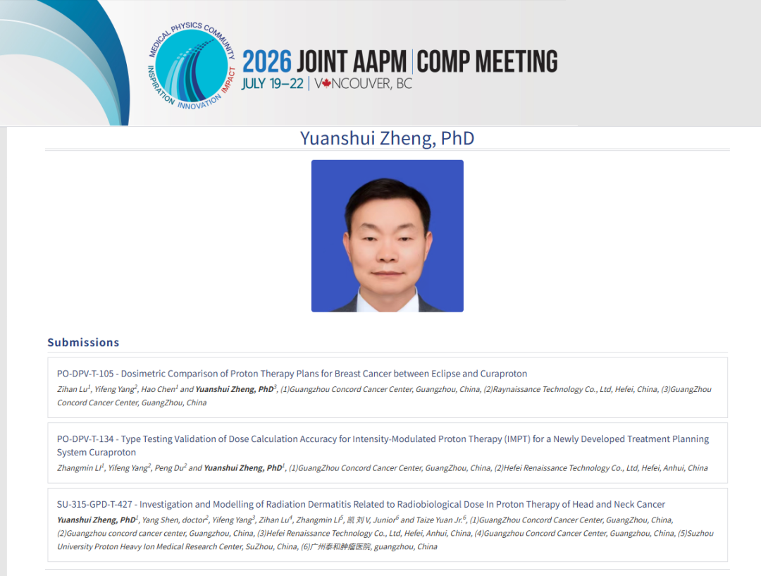 Profile of Professor Yuanshui Zheng, PhD, listing his three submissions to the 2026 Joint AAPM COMP Meeting: PO-DPV-T-105 dosimetric comparison, PO-DPV-T-134 type testing validation, and SU-315-GPD-T-427 investigation of radiation dermatitis in proton therapy